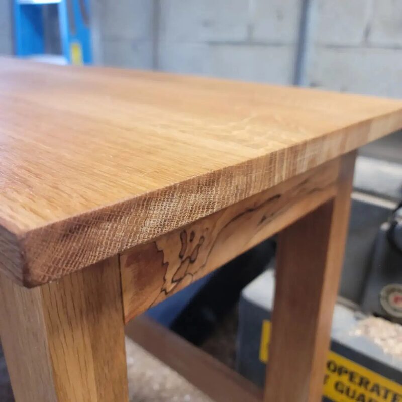 White oak table corner showing joinery detail