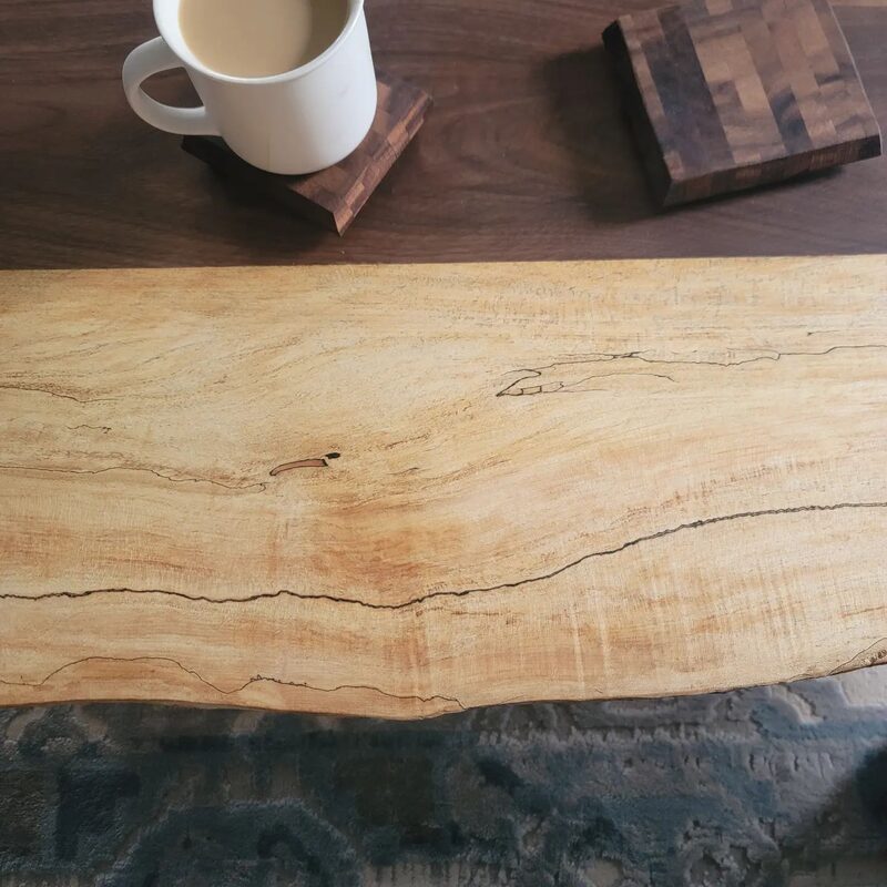 Live-edge spalted maple board with handmade coasters
